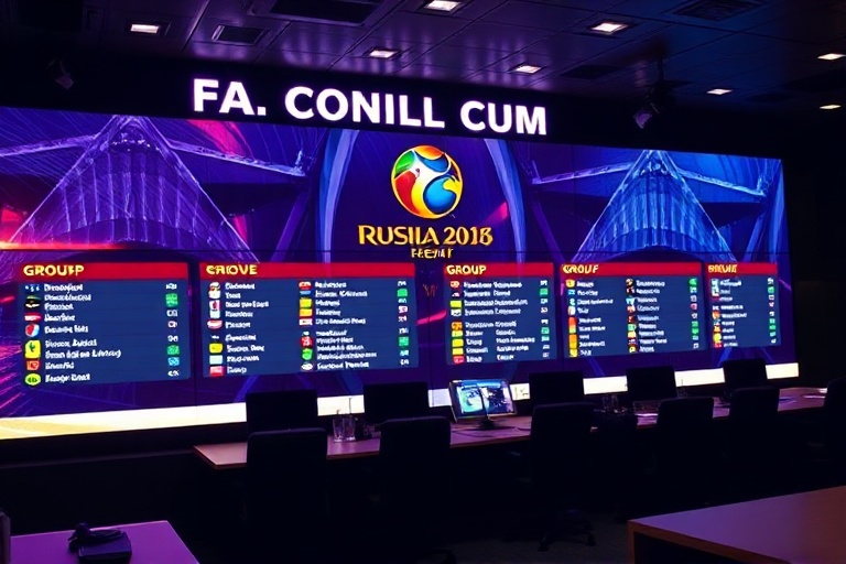 A vibrant stadium filled with fans, showcasing a World Cup group stage match with players in action. The scene captures the i