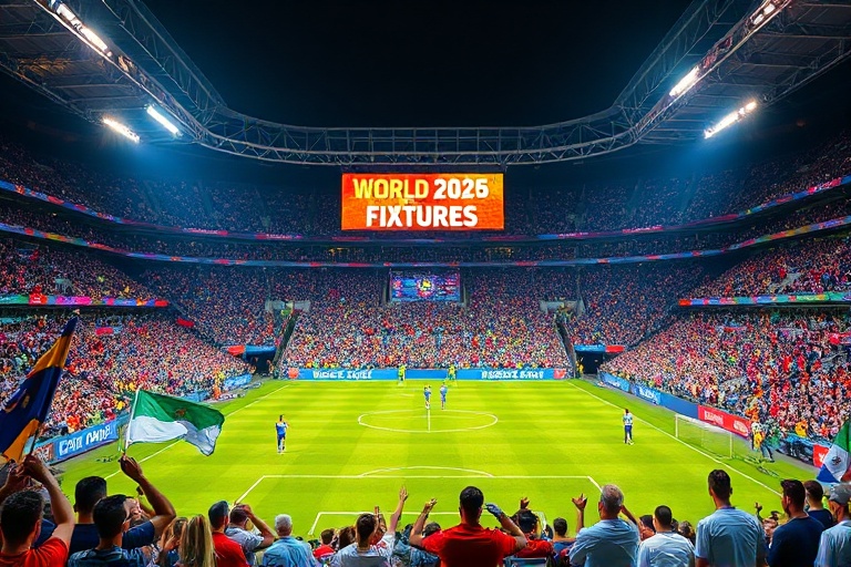 A vibrant collage of football fans from different nations celebrating together in a stadium, showcasing flags, team colors, a