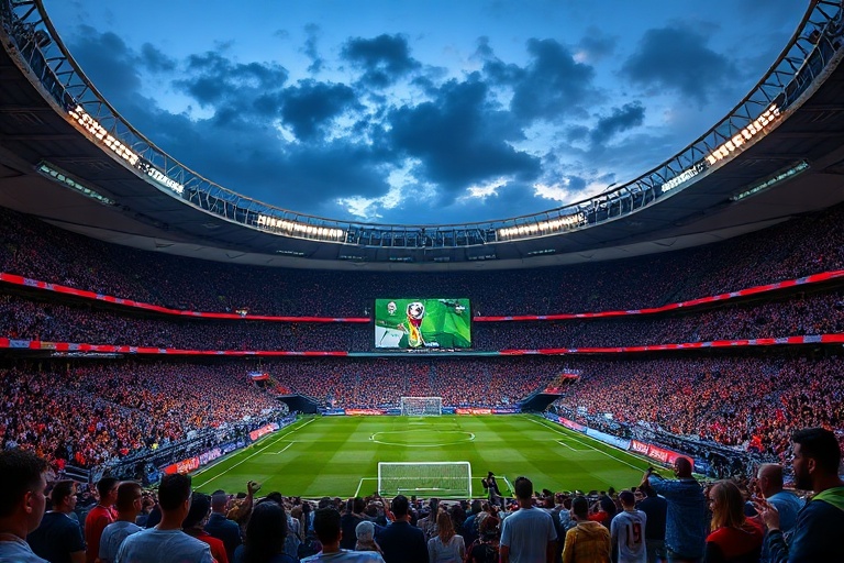 A vibrant collage of football fans from different nations celebrating together in a stadium, showcasing flags, team colors, a