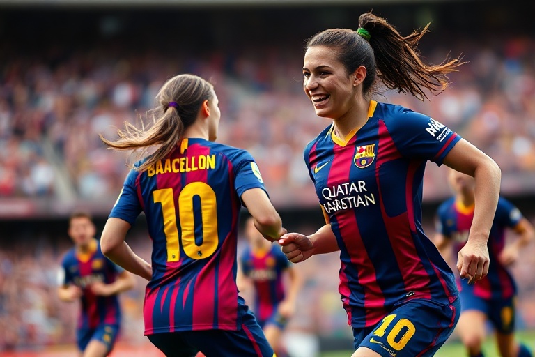 A dynamic action shot of Chelsea Valentin in mid-play for Gotham FC, wearing her team's jersey, with Barcelona's Camp Nou sta