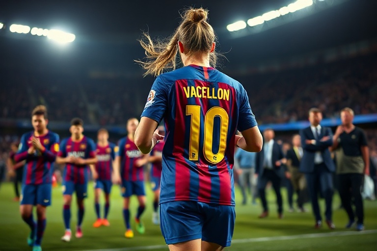 A dynamic action shot of Chelsea Valentin in mid-play for Gotham FC, wearing her team's jersey, with Barcelona's Camp Nou sta
