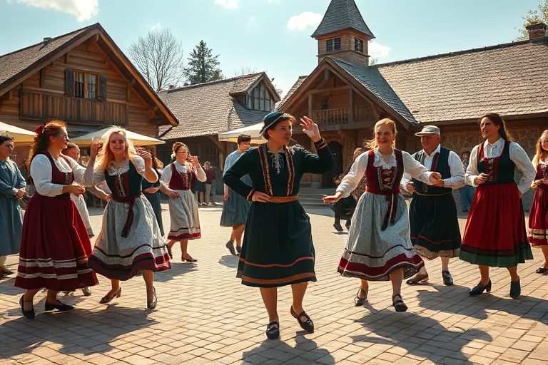 A vibrant street scene in Kraków during a folk festival, with traditional dancers in colorful costumes, wooden stalls selling