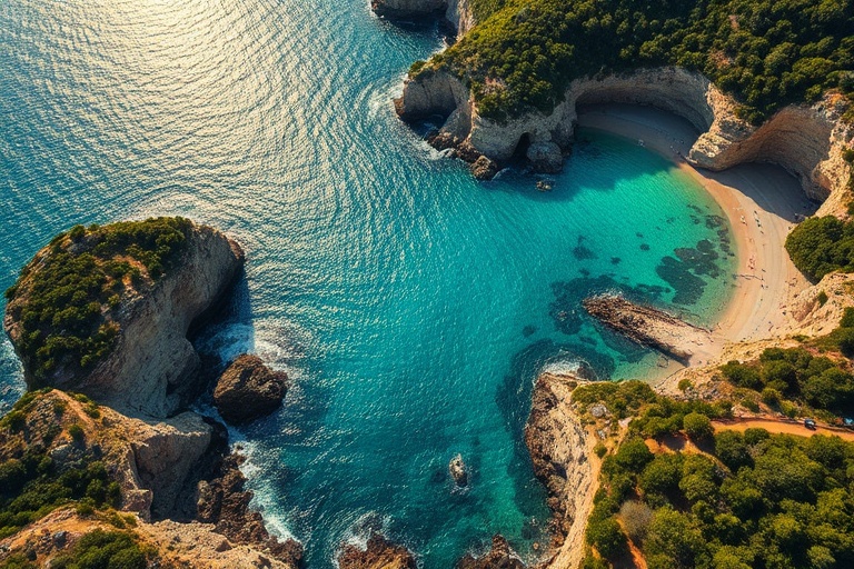 A panoramic view of Corsica’s coastline, featuring Palombaggia Beach’s turquoise waters, pine-covered hills, and a historic G