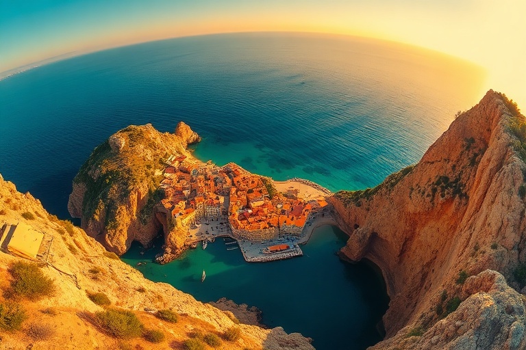 A panoramic view of Corsica’s coastline, featuring Palombaggia Beach’s turquoise waters, pine-covered hills, and a historic G