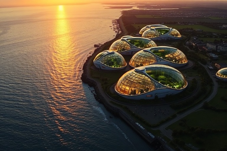 Aerial view of the Eden Project Morecambe under construction, showing its distinctive wave-like domes and coastal setting, wi