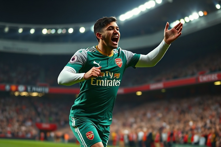 A dynamic action shot of Arsenal and PSG players mid-match, with Arsenal in their traditional red kit and PSG in their blue a