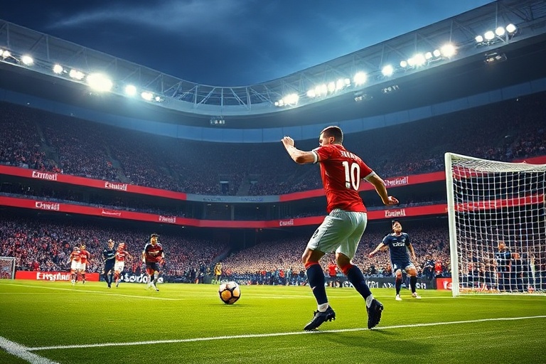 A dynamic action shot of Arsenal and PSG players mid-match, with Arsenal in their traditional red kit and PSG in their blue a