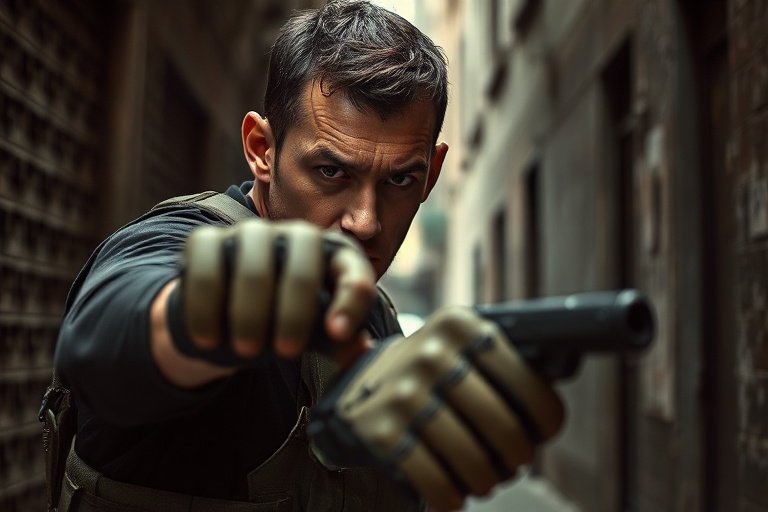 A dynamic action shot of Salman Khan in a leather jacket, mid-leap during a film sequence, set against a vibrant Mumbai stree