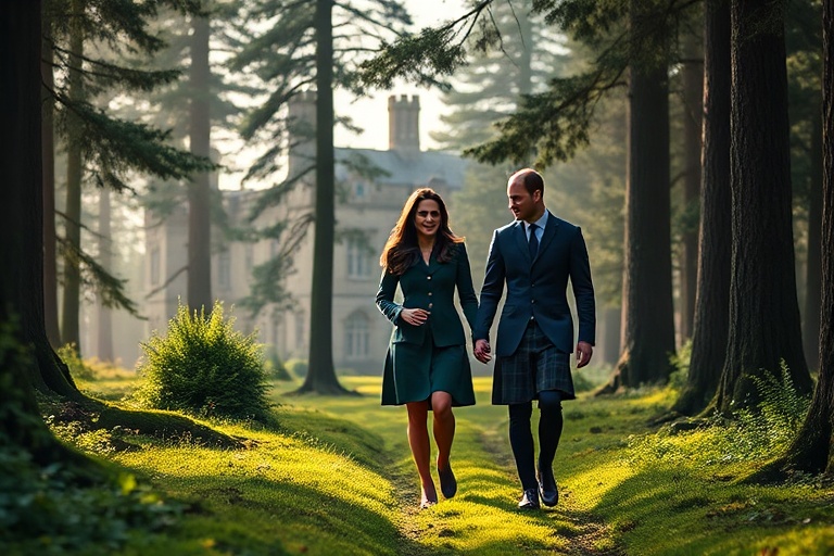 A serene exterior view of Anmer Hall, a stately Georgian mansion surrounded by lush gardens and mature trees, with a subtle r