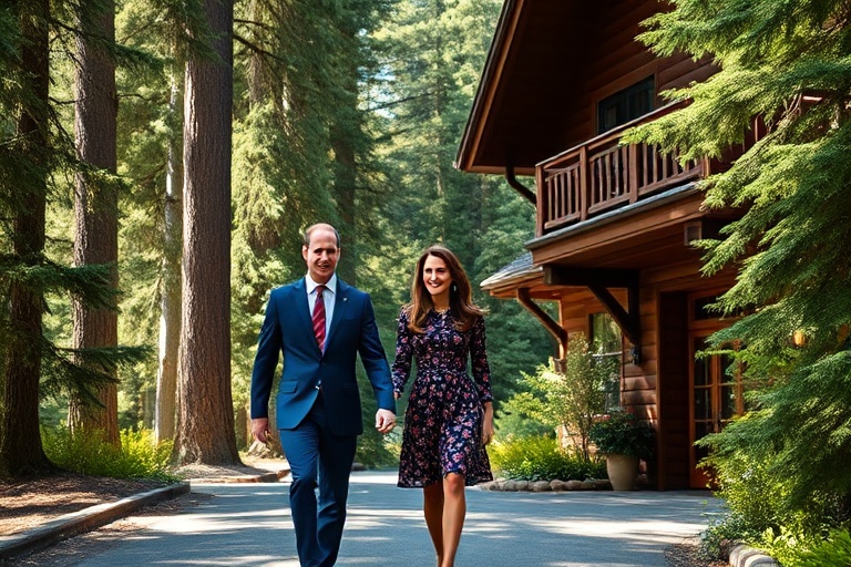 A serene woodland scene in Norfolk with autumn foliage, a small eco-lodge nestled among trees, and a subtle royal coat of arm