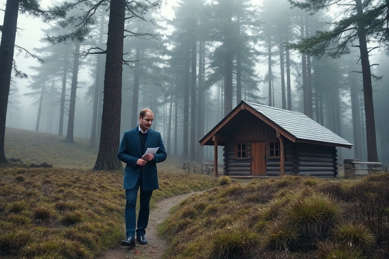 A serene woodland scene in Norfolk with autumn foliage, a small eco-lodge nestled among trees, and a subtle royal coat of arm