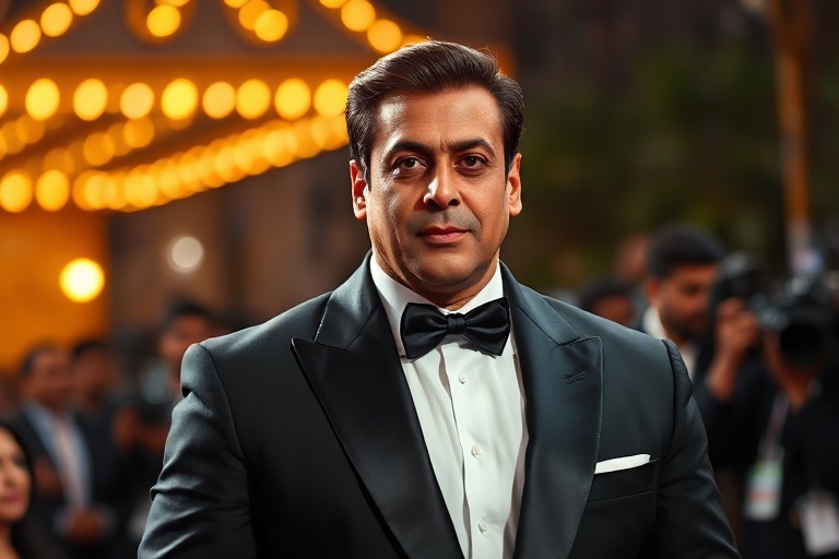 A dynamic action shot of Salman Khan in a leather jacket, mid-leap during a film sequence, set against a vibrant Mumbai stree