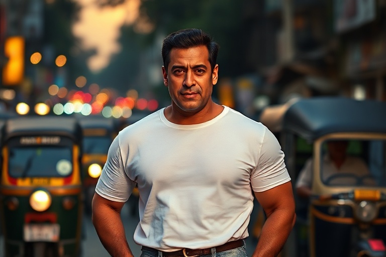 A dynamic action shot of Salman Khan in a leather jacket, mid-leap during a film sequence, set against a vibrant Mumbai stree