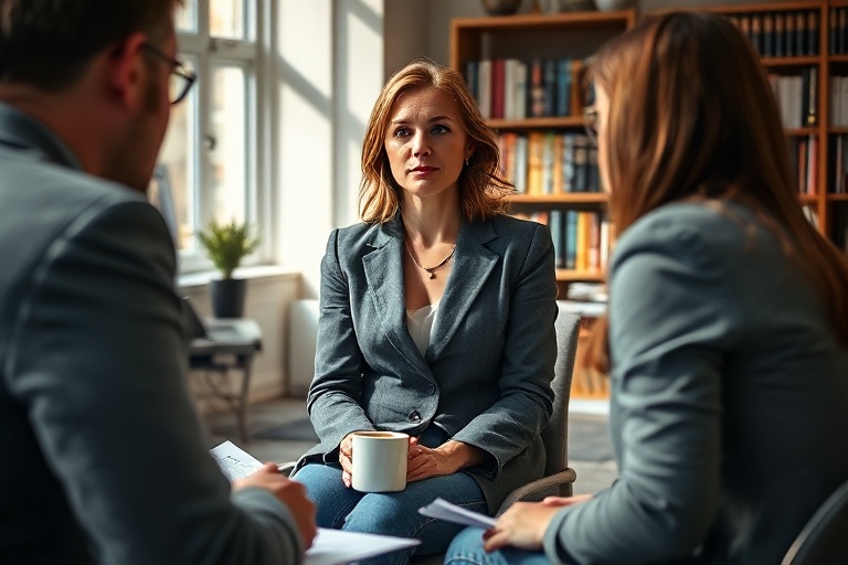 A mid-career portrait of Carrie Johnson in a newsroom or field setting, wearing professional attire with a notepad or microph