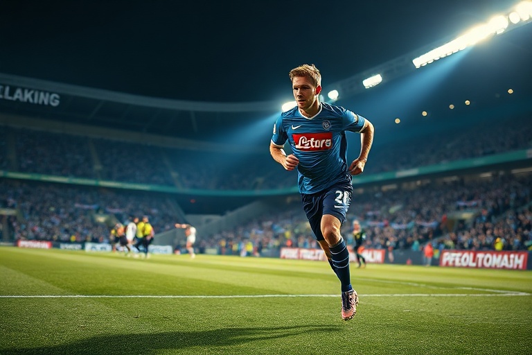 A dynamic action shot of Rasmus Højlund in a Napoli jersey, mid-sprint during a Serie A match, with the San Paolo stadium blu