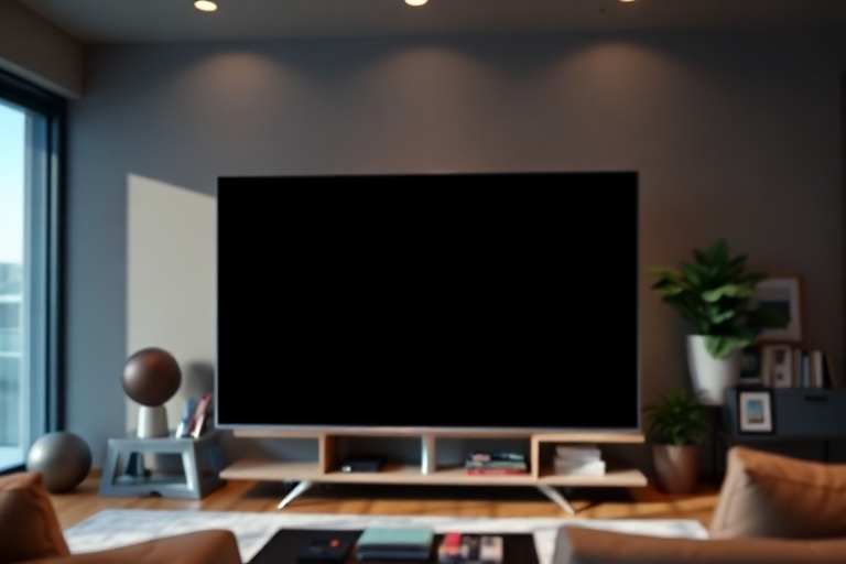 A well-lit living room scene featuring the Samsung OLED 4K S90F Smart TV displaying a vibrant movie scene on its anti-glare s