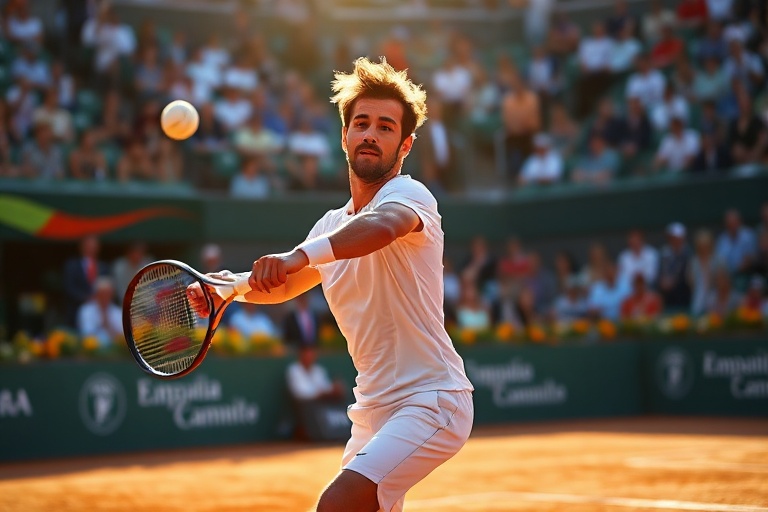 A focused action shot of Stefano Travaglia on red clay, mid-swing with a yellow tennis ball visible, wearing a blue and white