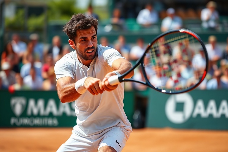 A focused action shot of Stefano Travaglia on red clay, mid-swing with a yellow tennis ball visible, wearing a blue and white