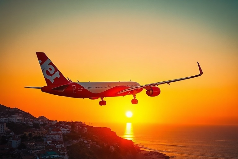 Aerial view of Manchester Airport terminals with planes parked on the tarmac during a summer evening, bathed in golden light.
