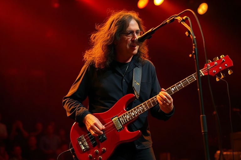 A high-energy live performance shot of Geddy Lee on stage with his Rickenbacker bass, wearing a black shirt and headphones, b