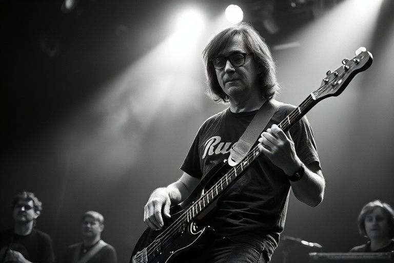 A high-energy live performance shot of Geddy Lee on stage with his Rickenbacker bass, wearing a black shirt and headphones, b