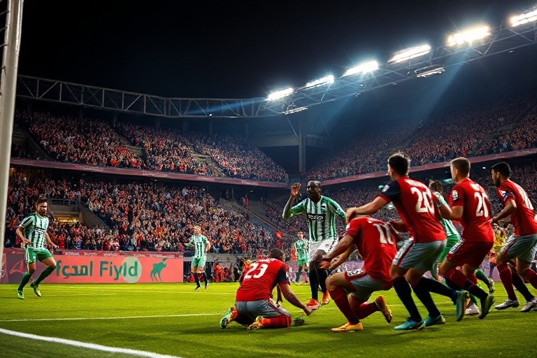 A vibrant stadium scene from a Port Said vs Cairo match, showing green and white Al Masry fans in the foreground with Al Ahly