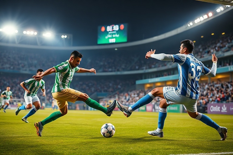 A vibrant stadium scene from a Port Said vs Cairo match, showing green and white Al Masry fans in the foreground with Al Ahly