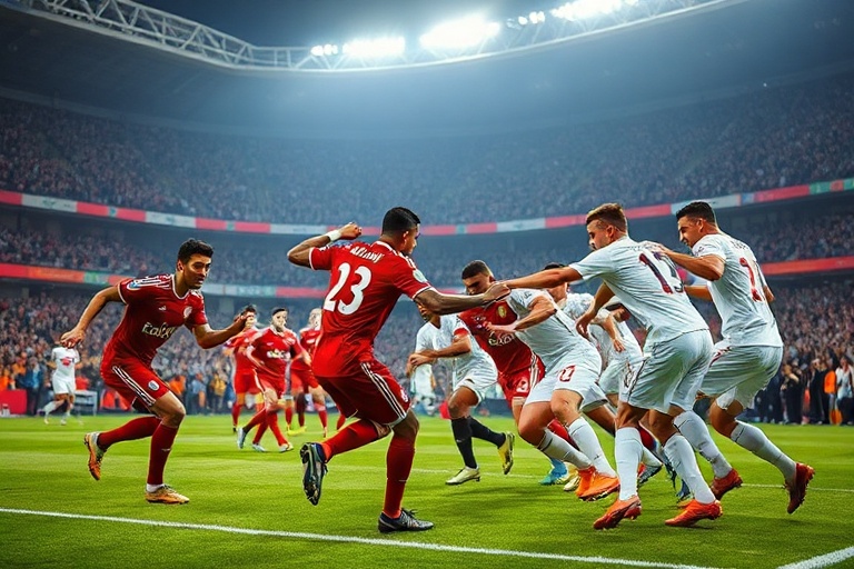 A vibrant stadium scene from a Port Said vs Cairo match, showing green and white Al Masry fans in the foreground with Al Ahly