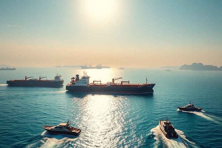 An aerial view of the Strait of Hormuz at dusk, showing oil tankers navigating the narrow waterway, with Iranian and Omani co
