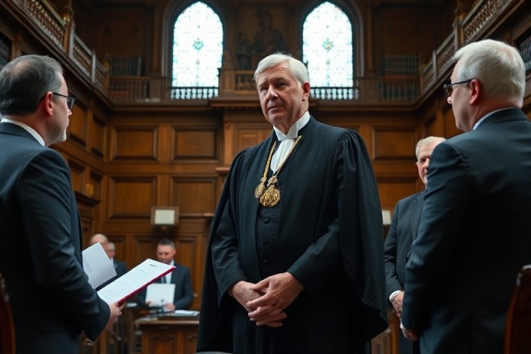 A courtroom sketch or formal portrait of Robert Venables KC alongside HMRC branding, depicting a serious legal setting with l