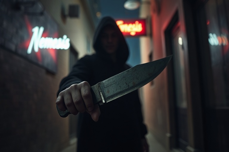 A moody, neon-lit scene from Nemesis Season 2: a group of survivors in tactical gear facing a towering, shifting AI entity in