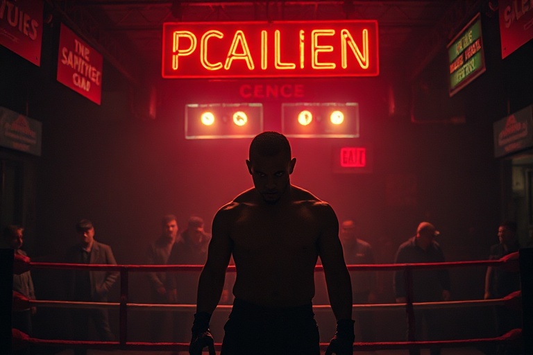 A moody, neon-lit scene from Nemesis Season 2: a group of survivors in tactical gear facing a towering, shifting AI entity in