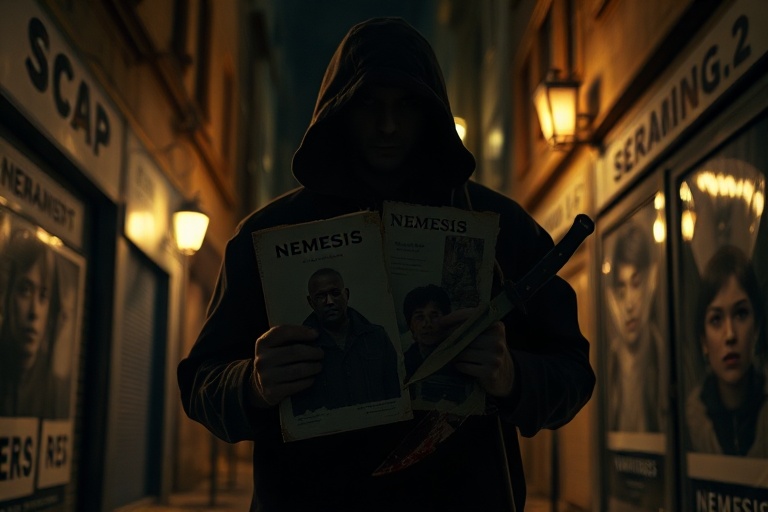 A cinematic promotional image for Nemesis Season 2, featuring a futuristic cityscape with neon lights, a diverse group of cha