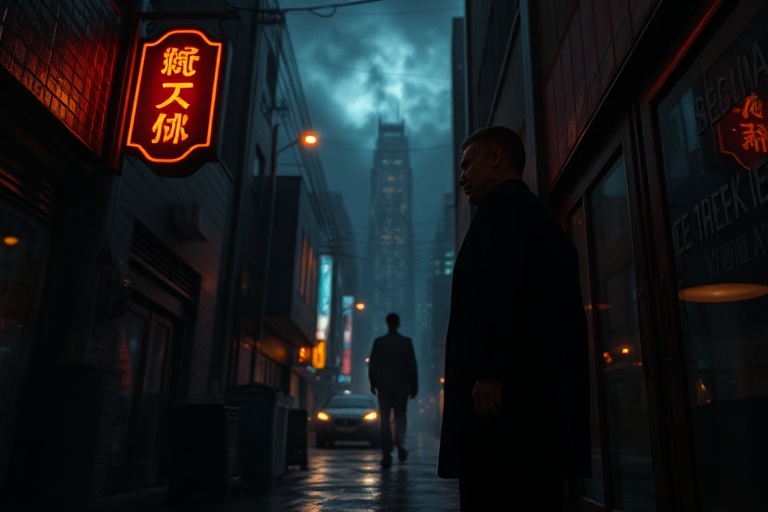 A moody, futuristic cityscape at night with neon lights reflecting on wet streets, featuring a shadowy figure in the foregrou