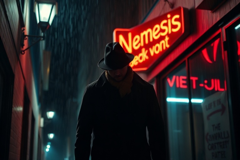 A moody promotional image for Nemesis Season 2, featuring a shadowy figure in a dimly lit corridor with glowing symbols in th