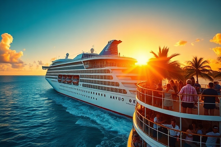 A panoramic view of a P&O Cruise ship, the Iona, sailing through turquoise waters with a backdrop of dramatic cliffs and lush