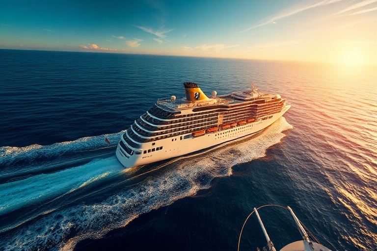 A panoramic view of a P&O Cruise ship, the Iona, sailing through turquoise waters with a backdrop of dramatic cliffs and lush