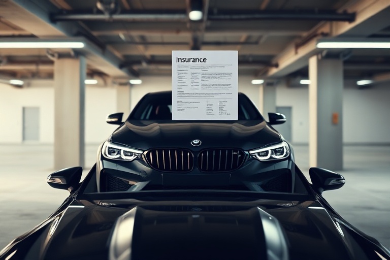 A split-screen image showing a modern car with a digital insurance app on a smartphone screen in the foreground. The backgrou