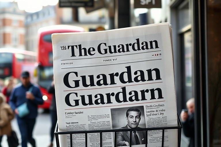 A modern newsroom with journalists working on laptops and digital devices, featuring The Guardian's logo on screens, with a b