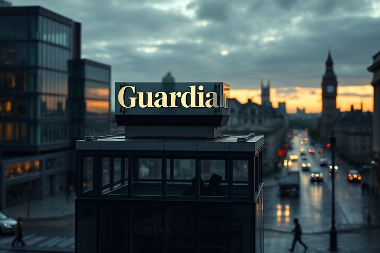 A modern newsroom with journalists working on laptops and digital devices, featuring The Guardian's logo on screens, with a b