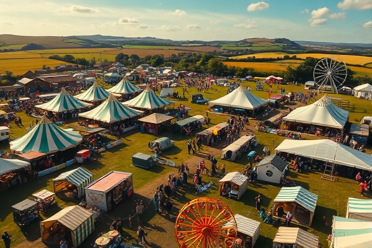 A vibrant aerial view of Exeter Showground during the Devon County Show, featuring livestock pens, fairground rides, artisan