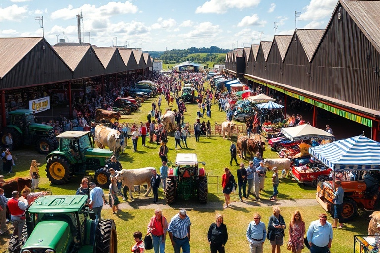 A vibrant aerial view of Exeter Showground during the Devon County Show, featuring livestock pens, fairground rides, artisan