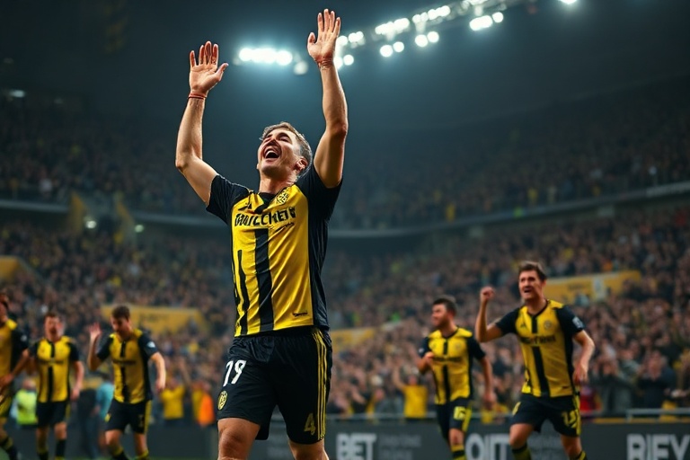 A dynamic action shot of Marvin Ducksch in a Werder Bremen jersey, mid-celebration after scoring a goal, with a packed stadiu