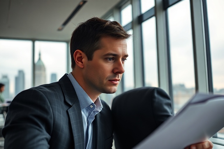 A professional portrait of Chris Hohn in a modern office setting, dressed in business attire, with a cityscape visible throug