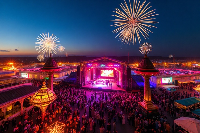 A black-tie gala in a grand ballroom, featuring elegantly dressed guests, chandeliers, and a stage with performers. The atmos