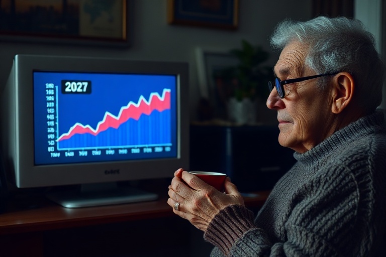 A sleek, modern stock chart displaying Arm's share price fluctuations over time, with a futuristic city skyline in the backgr