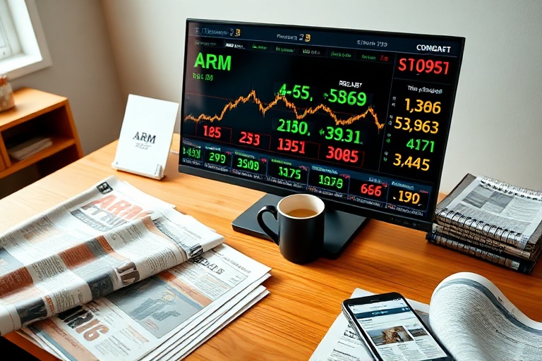 A sleek, modern stock chart displaying Arm's share price fluctuations over time, with a futuristic city skyline in the backgr
