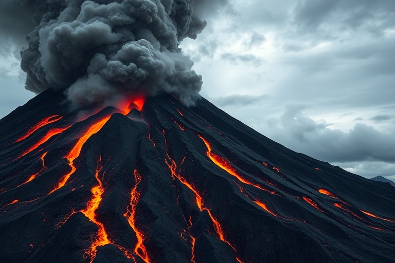 A dramatic photograph of a volcanic eruption at night, with glowing lava flows and a massive ash plume rising into a starry s