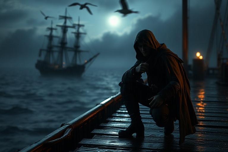 A cinematic shot of a pirate ship sailing under a golden sunset in the Caribbean, with detailed ship textures and vibrant lig