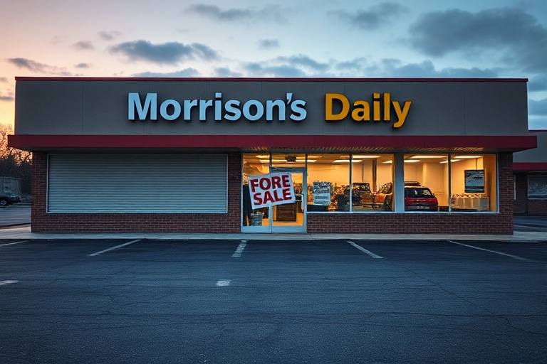 A quiet high street corner with a closed Morrisons Daily store sign, surrounded by a few pedestrians and nearby competing con